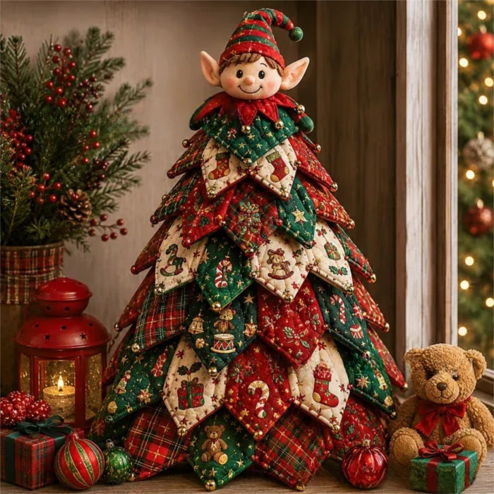 Elf Themed DIY Fabric Quilted Christmas Tree Kit for Handmade Layered Festive Tabletop Tree, Christmas Home Decor and Holiday Craft Gift