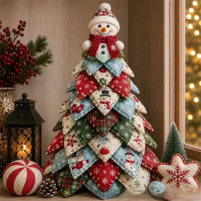 Snowman Themed DIY Fabric Quilted Christmas Tree Kit for Handmade Layered Festive Tabletop Tree, Christmas Home Decor and Holiday Craft Gift