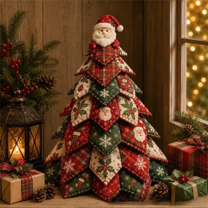 Santa Claus Themed DIY Fabric Quilted Christmas Tree Kit for Handmade Layered Festive Tabletop Tree, Christmas Home Decor and Holiday Craft Gift