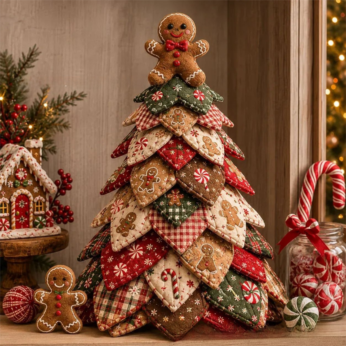 Gingerbread Man Themed DIY Fabric Quilted Christmas Tree Kit for Handmade Layered Festive Tabletop Tree, Christmas Home Decor and Holiday Craft Gift