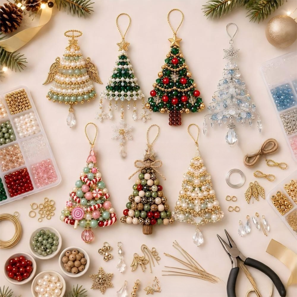 DIY Christmas Tree Beaded Ornament Kit - Angel Wings Christmas Tree Handmade Bead Craft Hanging Decoration for Gift Making and Holiday Decor