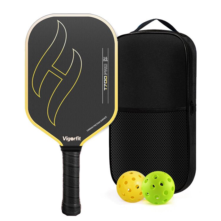 T700 Carbon Fibre Textured Pickleball Set - Black & Yellow Lightweight Pro Paddle with 2 Balls and Carry Bag for Outdoor Training and Recreational Play
