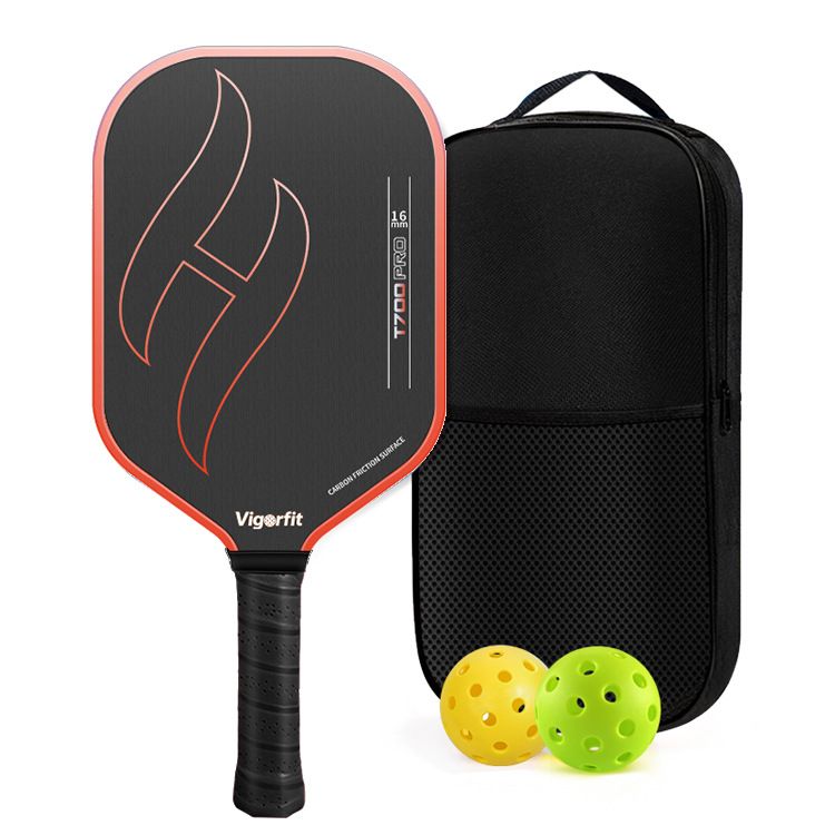T700 Carbon Fibre Textured Pickleball Set - Black & Orange Lightweight Pro Paddle with 2 Balls and Carry Bag for Outdoor Training and Recreational Play