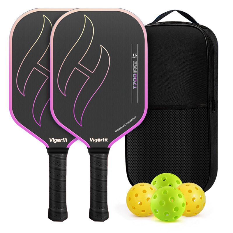 T700 Carbon Fibre Textured Pickleball Set - 2 Black & Purple Lightweight Pro Paddles with 4 Balls and Carry Bag for Outdoor Training and Recreational Play