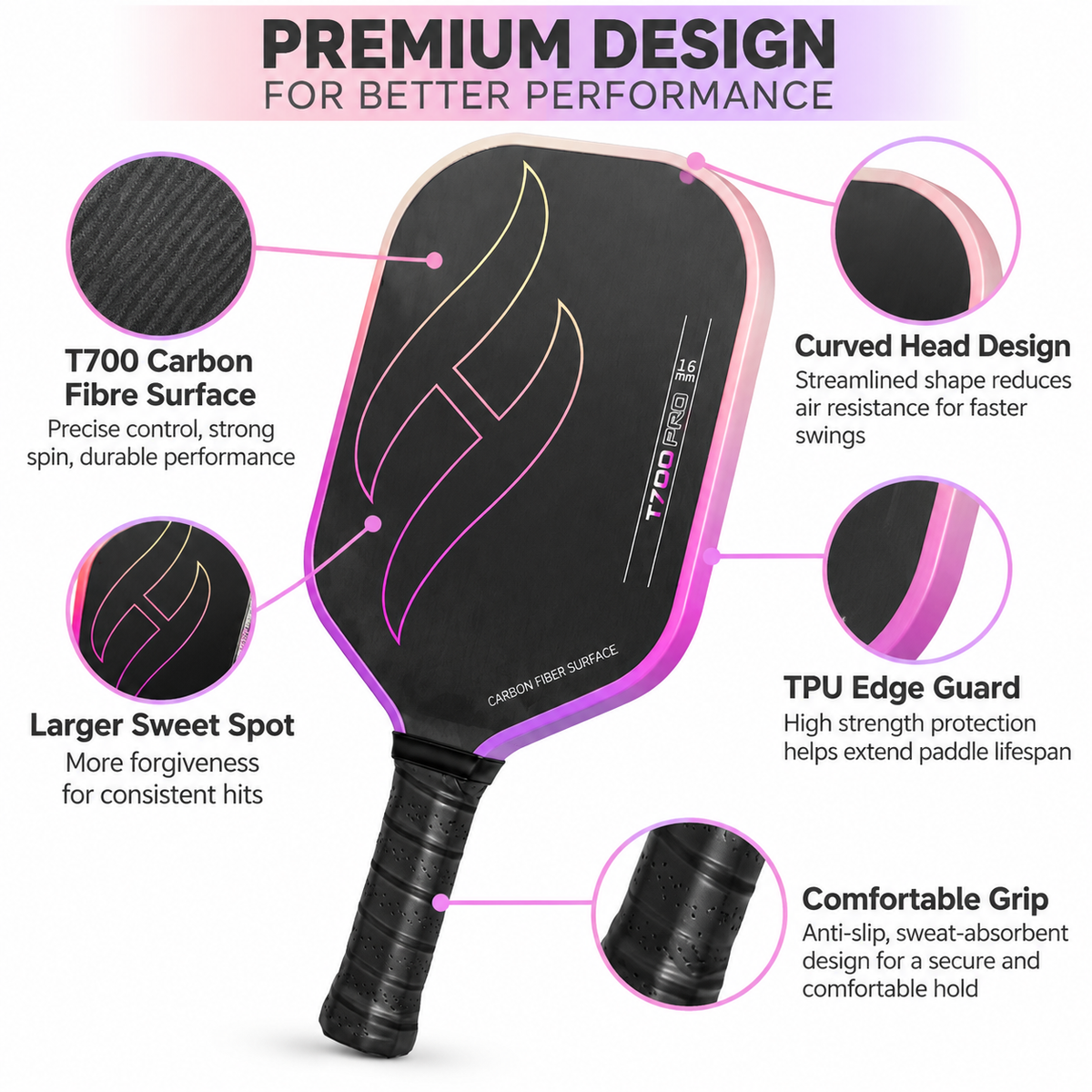 T700 Carbon Fibre Textured Pickleball Set - 2 Black & Purple Lightweight Pro Paddles with 4 Balls and Carry Bag for Outdoor Training and Recreational Play