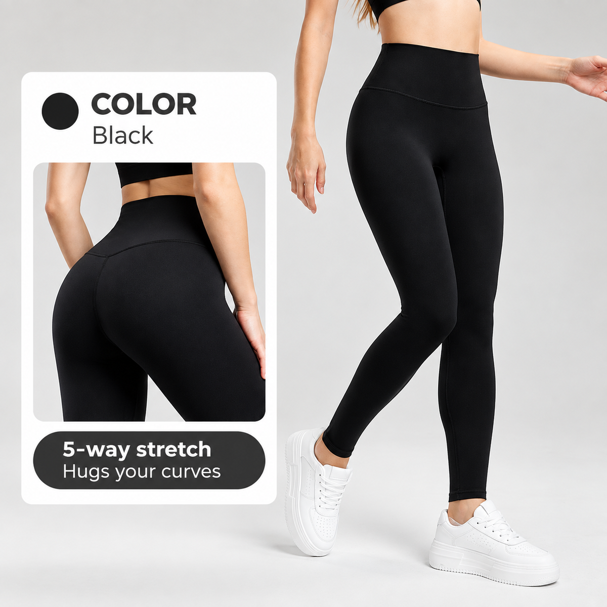 Black High Waist Yoga Leggings for Women L Size - Seamless Peach Lift Gym Pants with Hidden Back Pocket & Elastic Tummy Control, Soft Breathable 4-Way Stretch Workout Tights