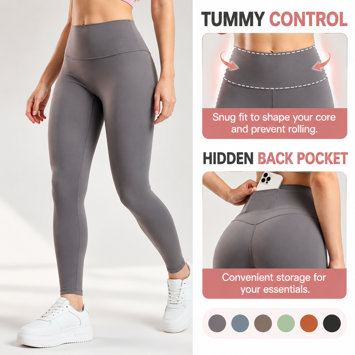 Black High Waist Yoga Leggings for Women L Size - Seamless Peach Lift Gym Pants with Hidden Back Pocket & Elastic Tummy Control, Soft Breathable 4-Way Stretch Workout Tights