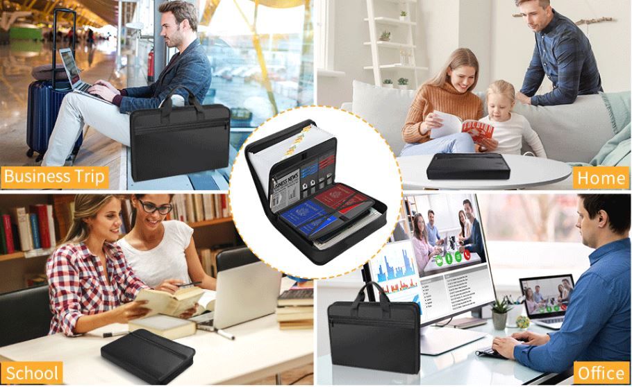 Black Fireproof Waterproof Accordion File Organiser, 11 Pockets Expanding Document Folder with Colour-Coded Tabs & Handle, Dustproof U-Disk Passports Card Bag for Home Office Travel (26 × 36 × 5 cm)