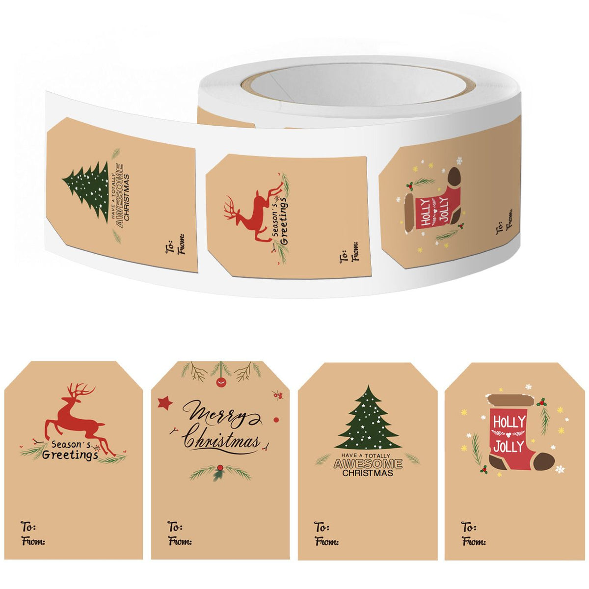 2 Rolls of 300 Pack Christmas Gift Tag Stickers - 4 Festive Designs Kraft Paper Self Adhesive Labels, Christmas Present Seals with To & From Writing Area