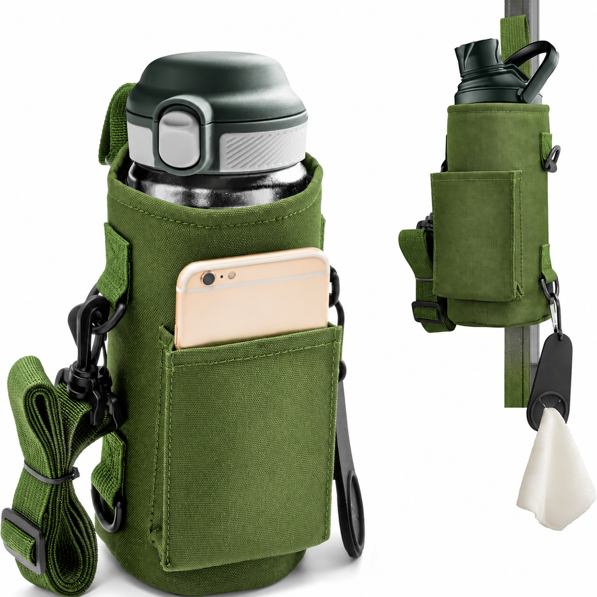 Dark Green Magnetic Hands Free Water Bottle Holder Bag with Phone Pocket, Towel Clip & Shoulder Strap - 18/32/40oz Waterproof Oxford Cloth Bottle Carrier for Gym Cycling and Outdoor Sports