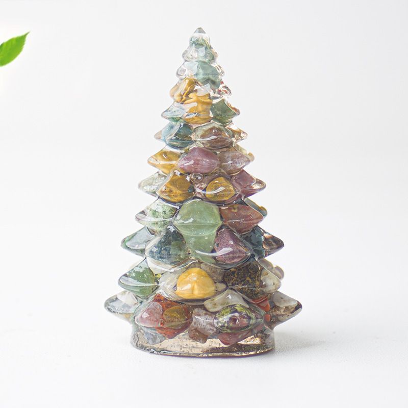 Jelly-like Iridescent Resin Crystal Christmas Tree Ornament - 55 x 87mm Decorative Mixed Gemstone Style Tabletop Tree for Festive Home Decor Gift Giving