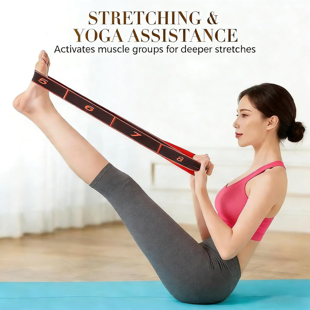 12-Pack Pink 12-Loop Numbered Yoga Stretch Strap(4x138CM) - Durable Multi-Segment Resistance Fitness Band for Pilates & Gym