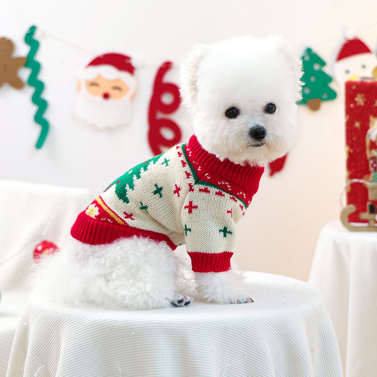 Red and Green M Size Christmas tree pattern Christmas Pet Knitted Dress - Acrylic Dog and Cat Jumper, Lightweight Festive Winter Outfit for Pets, Holiday Photos and Celebrations