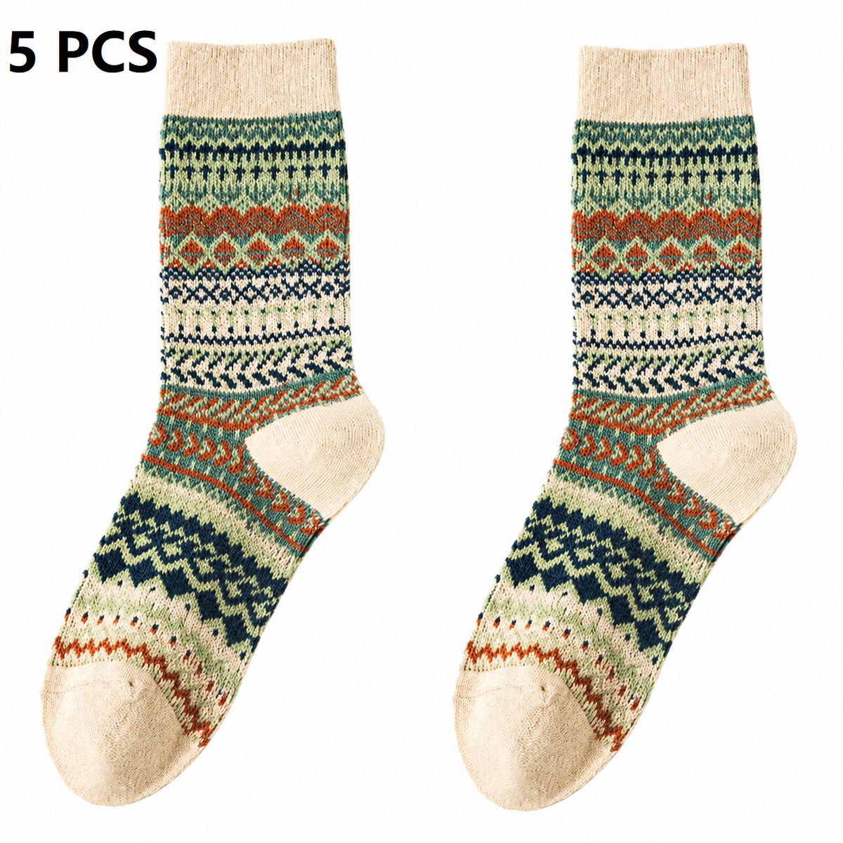 5-pcs Apricot Retro Ethnic Mid-Calf Socks for Women - Soft Cotton Blend, Seamless Toe, Non-Slip Heel, High Elastic Cuff, Versatile Autumn Winter Fashion Accessory
