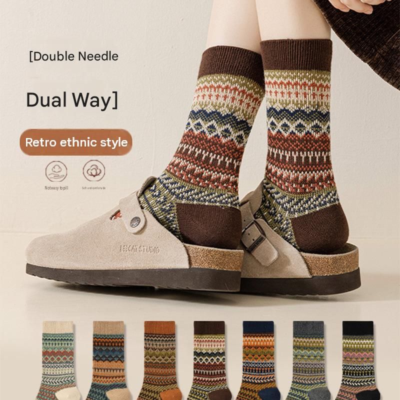 5-pcs Apricot Retro Ethnic Mid-Calf Socks for Women - Soft Cotton Blend, Seamless Toe, Non-Slip Heel, High Elastic Cuff, Versatile Autumn Winter Fashion Accessory