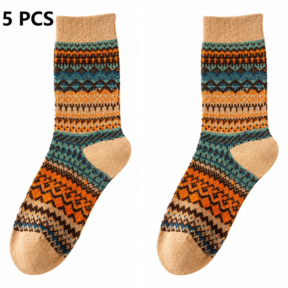 5-pcs Khaki Retro Ethnic Mid-Calf Socks for Women - Soft Cotton Blend, Seamless Toe, Non-Slip Heel, High Elastic Cuff, Versatile Autumn Winter Fashion Accessory