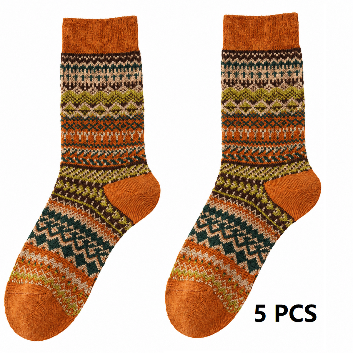 5-pcs Orange-red Retro Ethnic Mid-Calf Socks for Women - Soft Cotton Blend, Seamless Toe, Non-Slip Heel, High Elastic Cuff, Versatile Autumn Winter Fashion Accessory