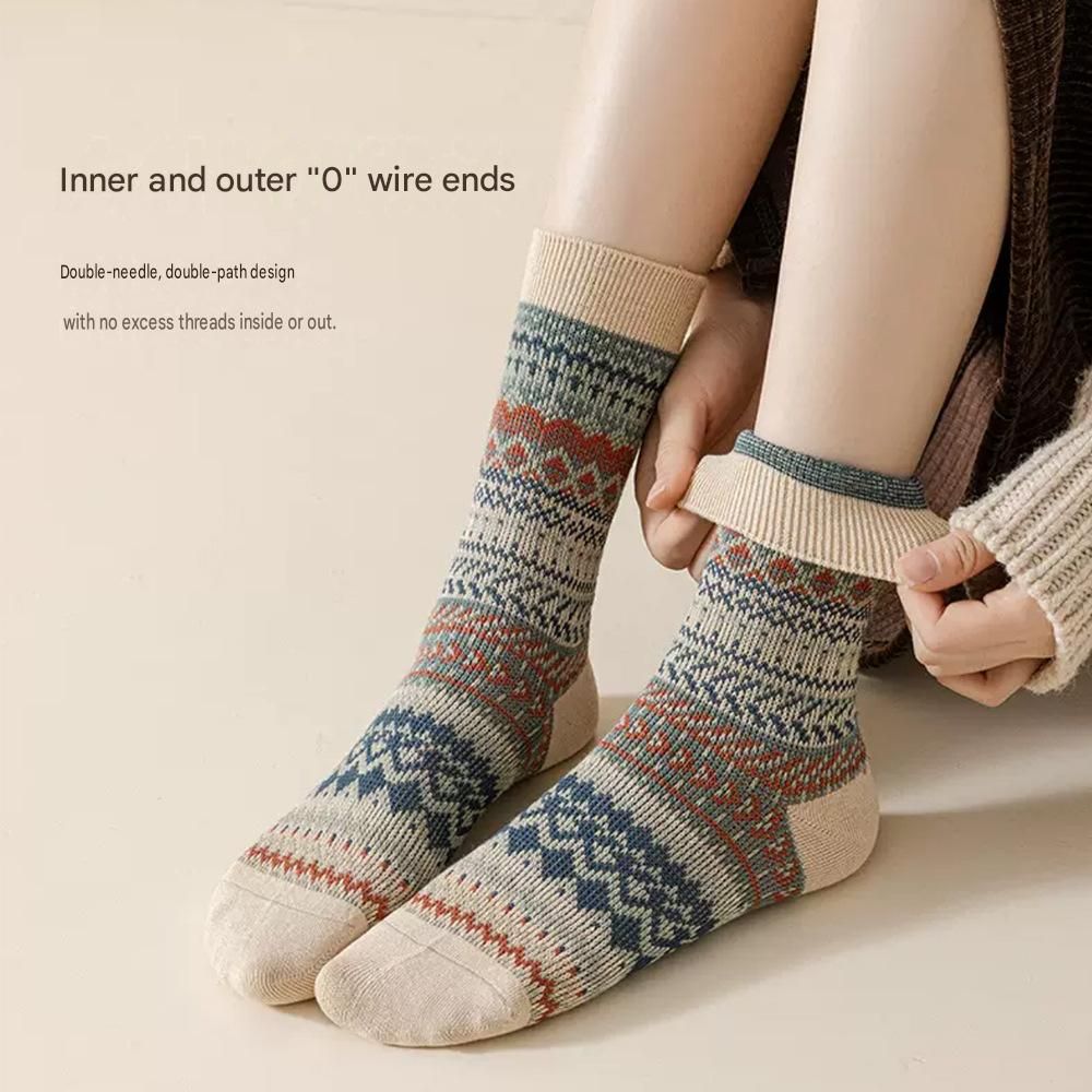 5-pcs Orange-red Retro Ethnic Mid-Calf Socks for Women - Soft Cotton Blend, Seamless Toe, Non-Slip Heel, High Elastic Cuff, Versatile Autumn Winter Fashion Accessory
