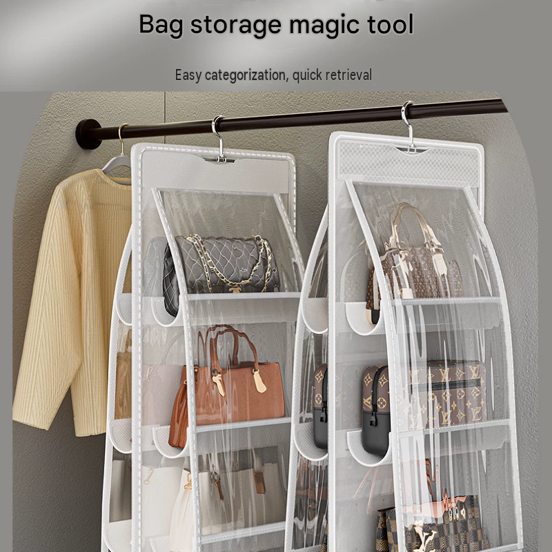 Black Home Organisation Set - 6 Pocket Handbag Hanging Organiser and 16 Slot Yoga Clothes Storage Bag - Double Sided Transparent Wardrobe Closet Hanger for Purses, Leggings, Scarves and Accessories