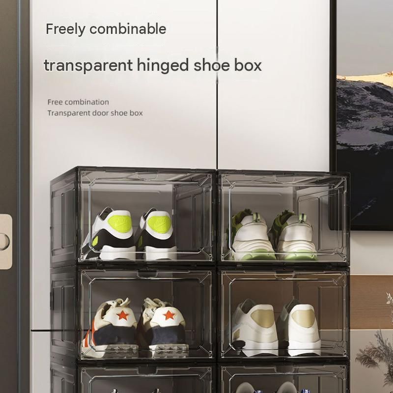 2 transparent black ones Stackable Magnetic Shoe Storage Box - Transparent PS Plastic - Front Opening Door, Dustproof Display, Space Saving Modular Design for Sneakers and Home Organisation