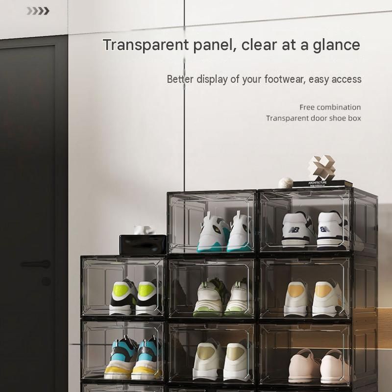 4 transparent black ones Stackable Magnetic Shoe Storage Box - Transparent PS Plastic - Front Opening Door, Dustproof Display, Space Saving Modular Design for Sneakers and Home Organisation