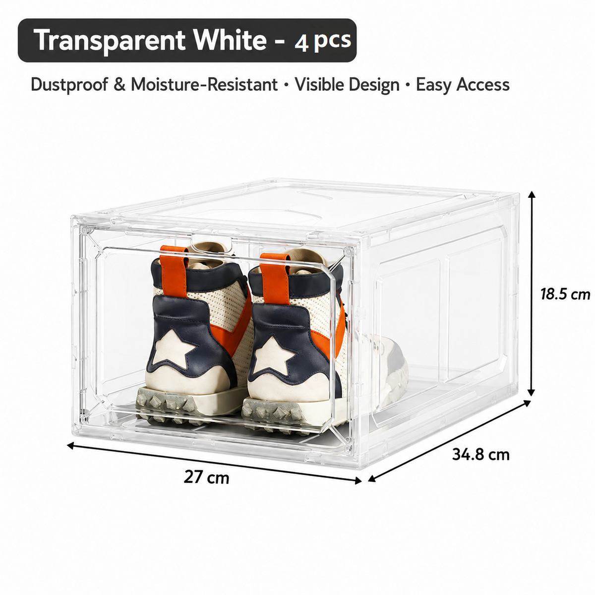 4 transparent white ones Stackable Magnetic Shoe Storage Box - Transparent PS Plastic - Front Opening Door, Dustproof Display, Space Saving Modular Design for Sneakers and Home Organisation