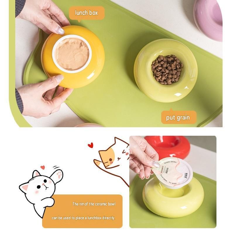 Green Ceramic Pet Donut Bowl - 50ml Food Dish for Cats and Small Dogs - Non Slip Base, Easy Clean Glaze, Compact Snack Feeder, Pastel Colours, Home and Travel Use