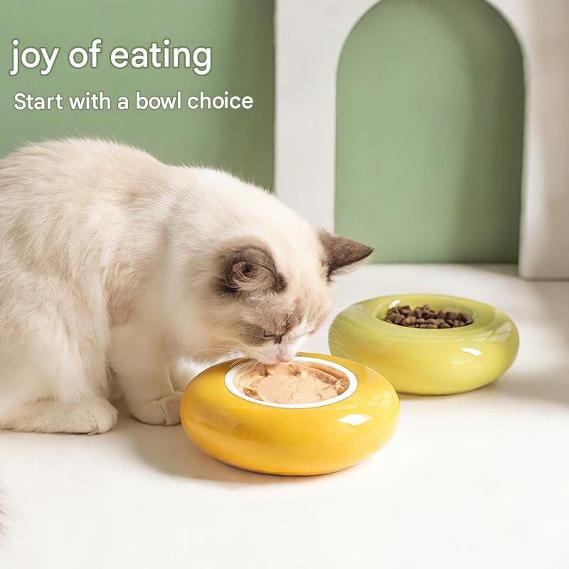 Yellow Ceramic Pet Donut Bowl - 50ml Food Dish for Cats and Small Dogs - Non Slip Base, Easy Clean Glaze, Compact Snack Feeder, Pastel Colours, Home and Travel Use