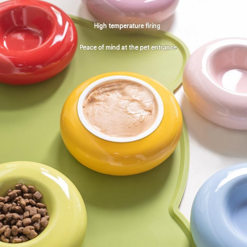Yellow Ceramic Pet Donut Bowl - 50ml Food Dish for Cats and Small Dogs - Non Slip Base, Easy Clean Glaze, Compact Snack Feeder, Pastel Colours, Home and Travel Use
