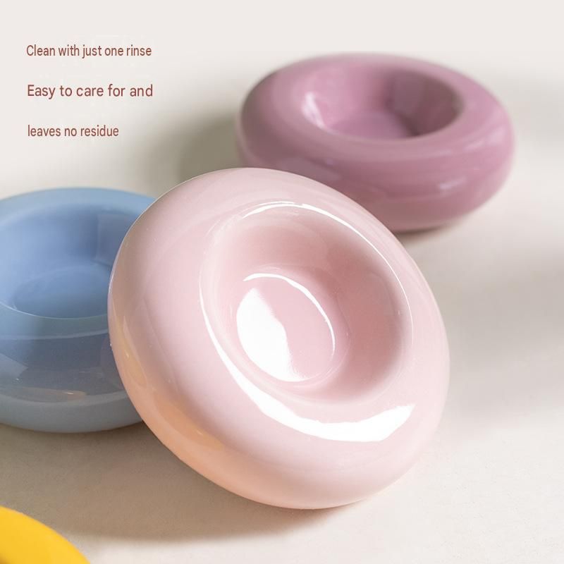 Yellow Ceramic Pet Donut Bowl - 50ml Food Dish for Cats and Small Dogs - Non Slip Base, Easy Clean Glaze, Compact Snack Feeder, Pastel Colours, Home and Travel Use