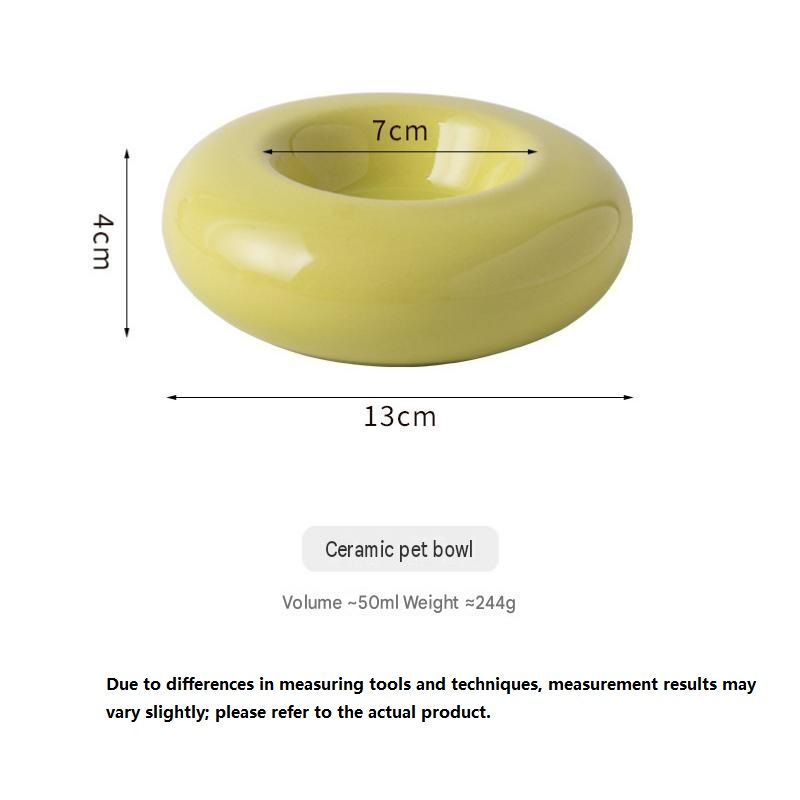 Yellow Ceramic Pet Donut Bowl - 50ml Food Dish for Cats and Small Dogs - Non Slip Base, Easy Clean Glaze, Compact Snack Feeder, Pastel Colours, Home and Travel Use