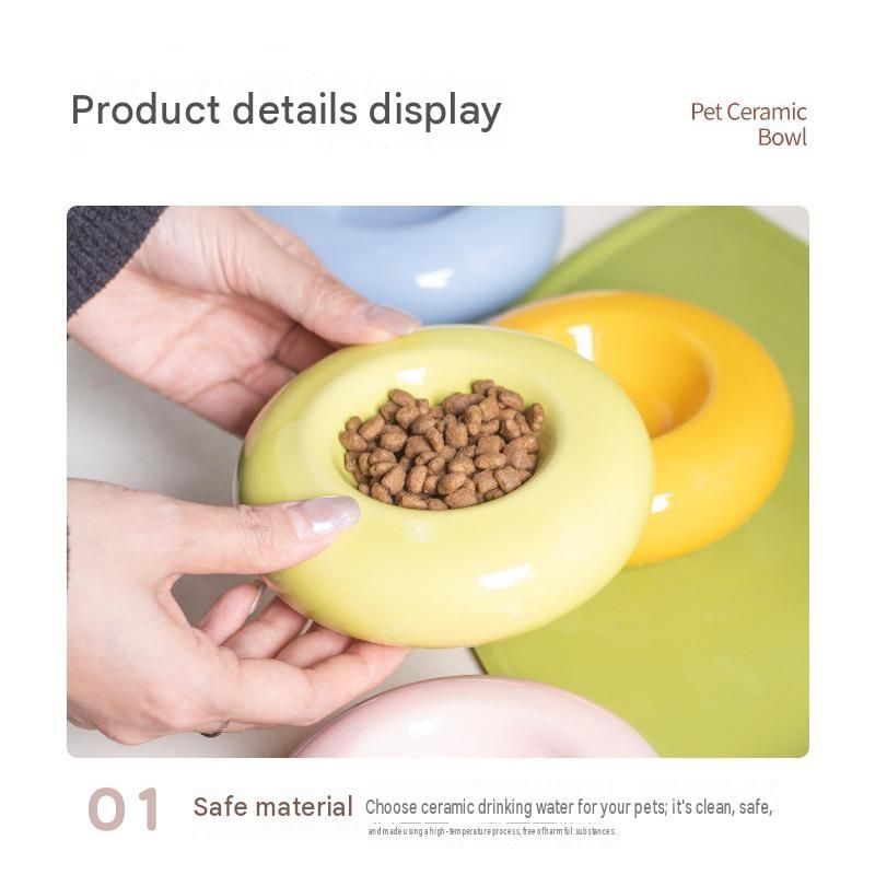 Yellow Ceramic Pet Donut Bowl - 50ml Food Dish for Cats and Small Dogs - Non Slip Base, Easy Clean Glaze, Compact Snack Feeder, Pastel Colours, Home and Travel Use