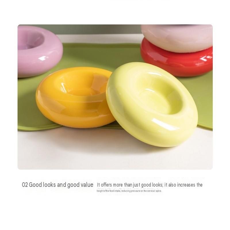 Yellow Ceramic Pet Donut Bowl - 50ml Food Dish for Cats and Small Dogs - Non Slip Base, Easy Clean Glaze, Compact Snack Feeder, Pastel Colours, Home and Travel Use
