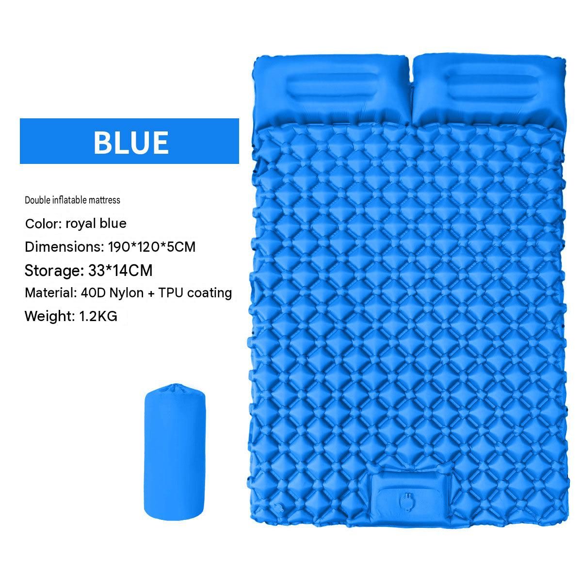 Double Outdoor Foot Pump Inflatable Sleeping Pad (190 x 120 x 5 cm)- 40D Nylon Camping Air Mattress with Built-in Pillow and Double Valve - Portable Moisture Proof Mat for Hiking Backpacking