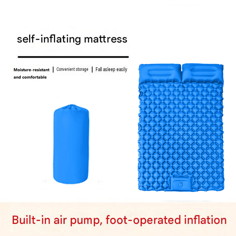 Double Outdoor Foot Pump Inflatable Sleeping Pad (190 x 120 x 5 cm)- 40D Nylon Camping Air Mattress with Built-in Pillow and Double Valve - Portable Moisture Proof Mat for Hiking Backpacking