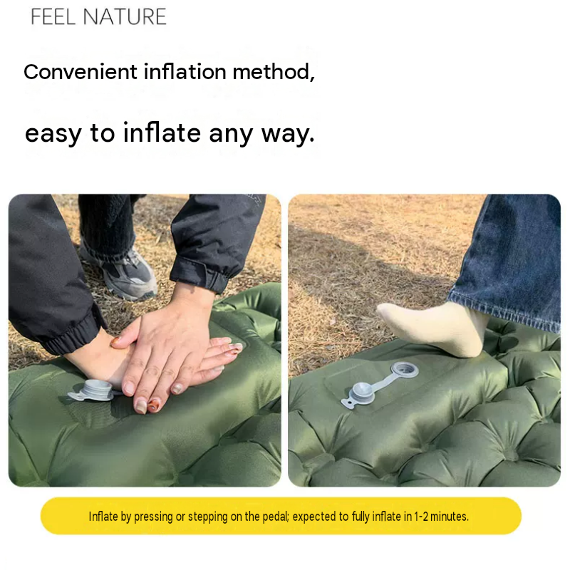 Double Outdoor Foot Pump Inflatable Sleeping Pad (190 x 120 x 5 cm)- 40D Nylon Camping Air Mattress with Built-in Pillow and Double Valve - Portable Moisture Proof Mat for Hiking Backpacking