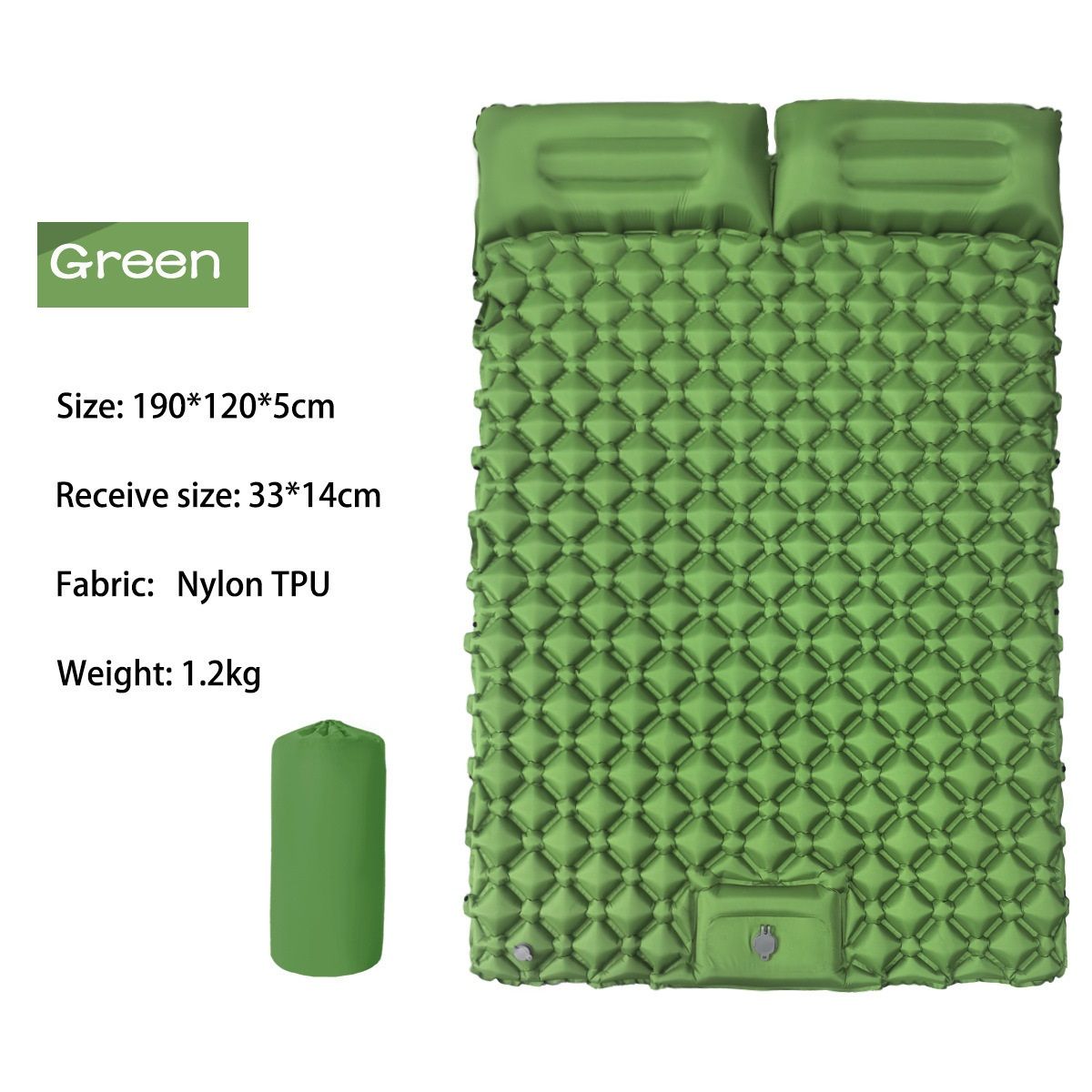 Double Outdoor Foot Pump Inflatable Sleeping Pad (190 x 120 x 5 cm)- 40D Nylon Camping Air Mattress with Built-in Pillow and Double Valve - Portable Moisture Proof Mat for Hiking Backpacking
