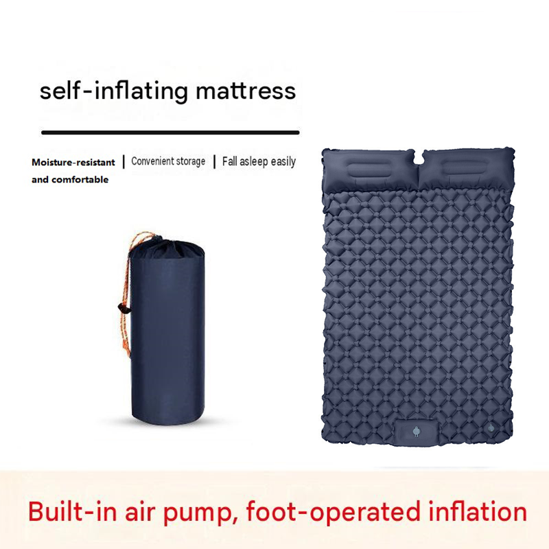 Double Outdoor Foot Pump Inflatable Sleeping Pad (190 x 120 x 5 cm)- 40D Nylon Camping Air Mattress with Built-in Pillow and Double Valve - Portable Moisture Proof Mat for Hiking Backpacking