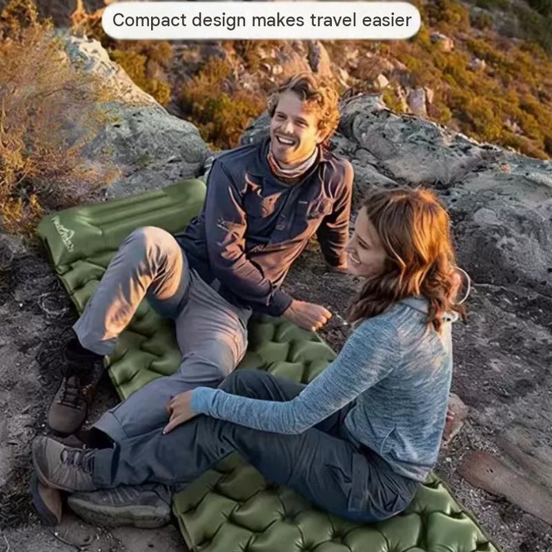 Double Outdoor Foot Pump Inflatable Sleeping Pad (190 x 120 x 5 cm)- 40D Nylon Camping Air Mattress with Built-in Pillow and Double Valve - Portable Moisture Proof Mat for Hiking Backpacking