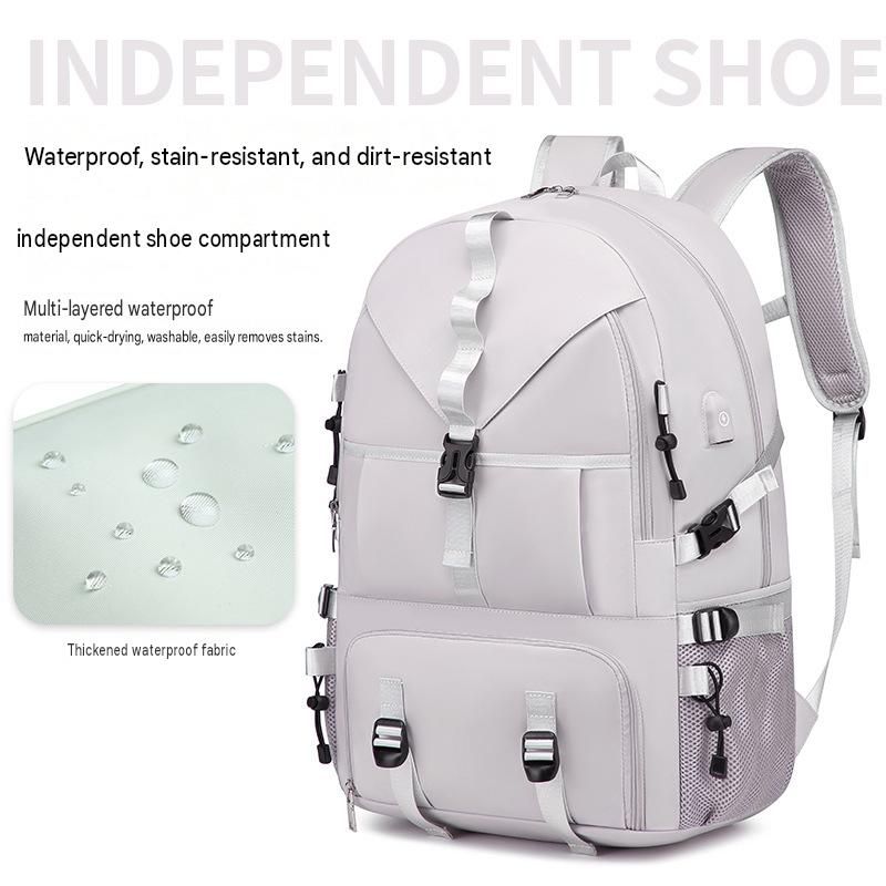 Grey Large Capacity Travel Backpack - Waterproof Polyester Hiking Rucksack with Shoe Compartment and USB Port - Unisex Outdoor Luggage Bag for Camping Trekking and Weekend Trips