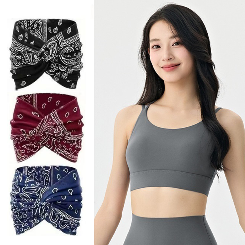 Outdoor sports combination-Grey L Size thin shoulder straps Sports Bra with Adjustable Back Buckle and 3 Pack 18cm Boho Paisley Headband Set (Black and Red and Blue)- Breathable Fixed Cup Yoga Top and Wide Elastic Hair Band for Gym Running and Daily Wear