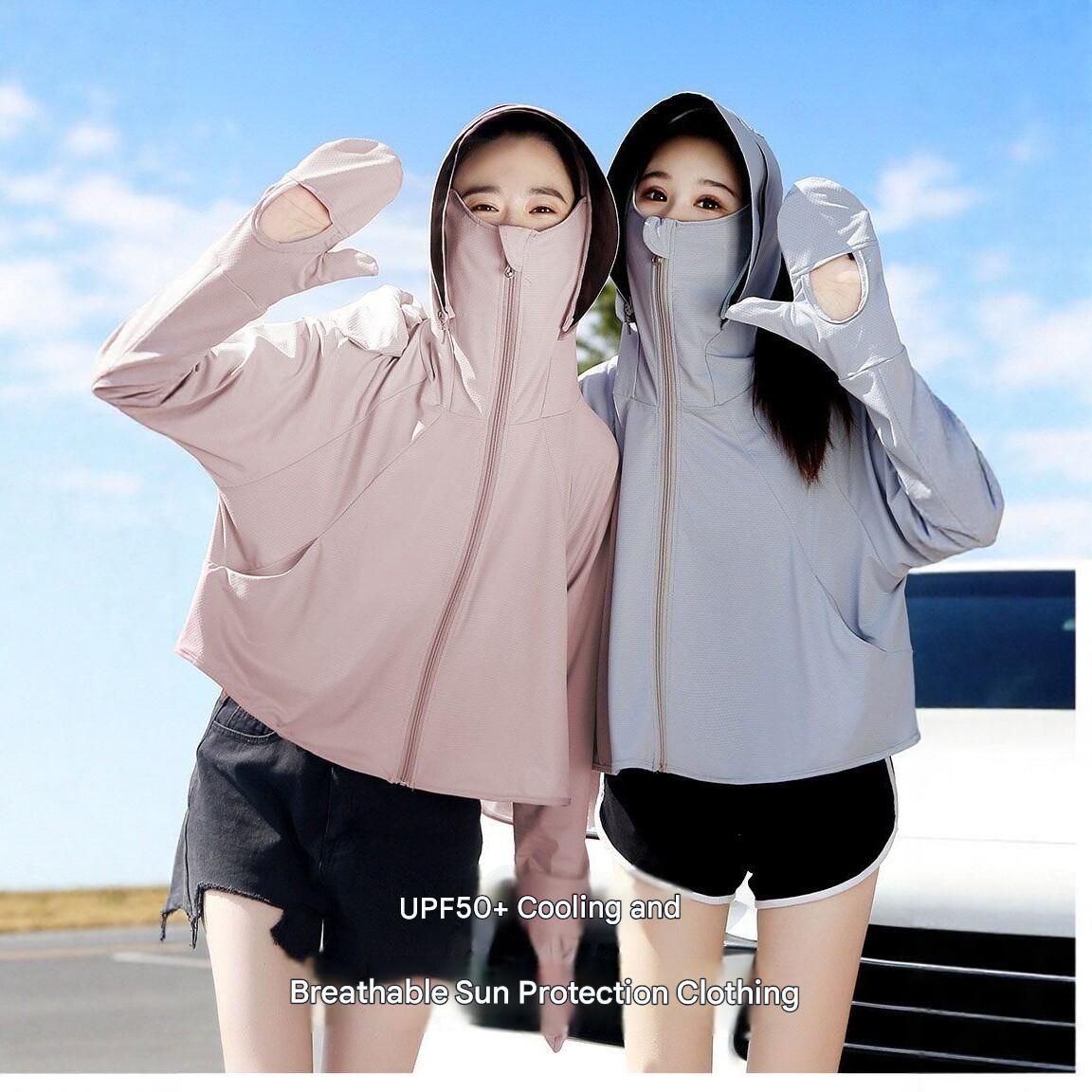 Yellow UPF50+ Sun Protection Hoodie for Women - Breathable Polyester Long Sleeve Cover-Up with Face Mask, Lightweight 300g Design for Outdoor Cycling Beach Travel