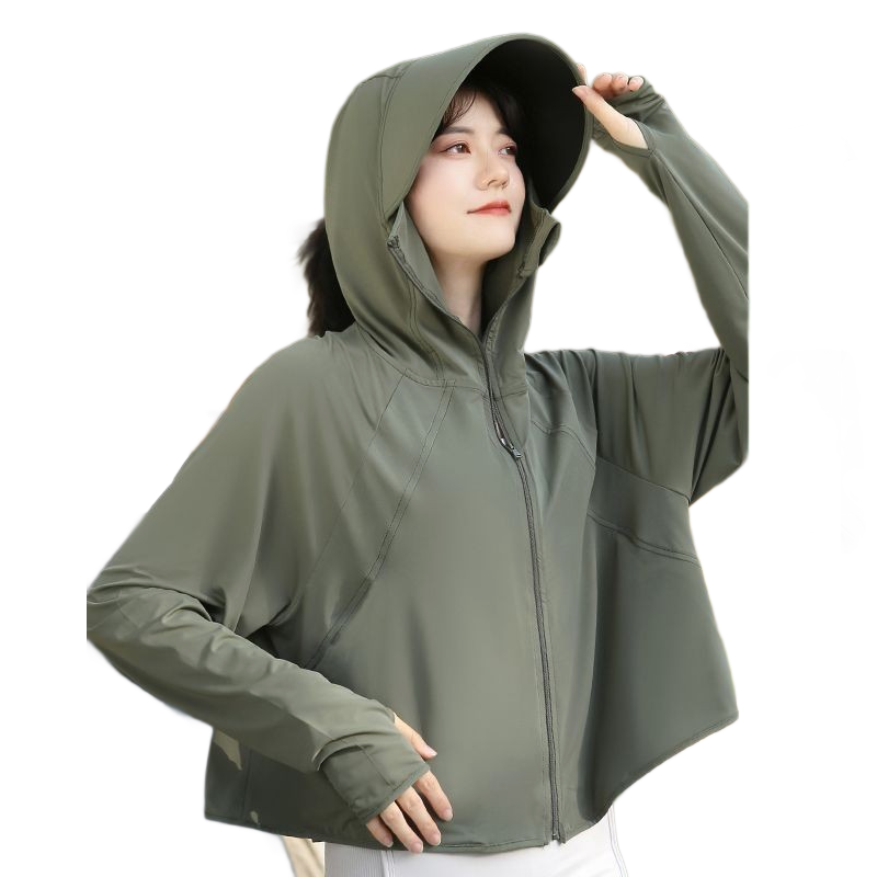 Green UPF50+ Sun Protection Hoodie for Women - Breathable Polyester Long Sleeve Cover-Up with Face Mask, Lightweight 300g Design for Outdoor Cycling Beach Travel