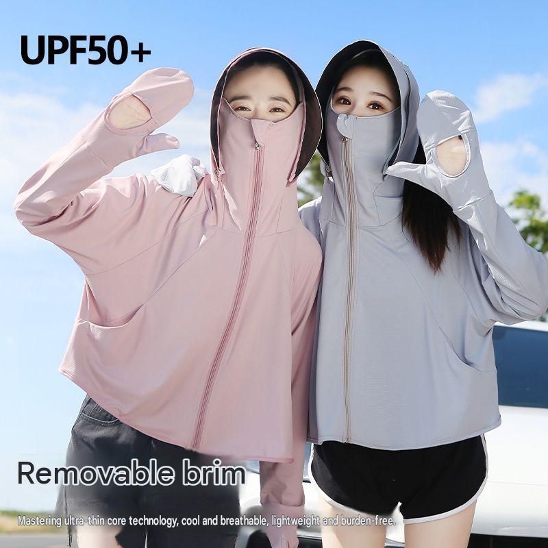 Light gray UPF50+ Sun Protection Hoodie for Women - Breathable Polyester Long Sleeve Cover-Up with Detachable Brim and Face Mask, Lightweight 300g Design for Outdoor Cycling Beach Travel
