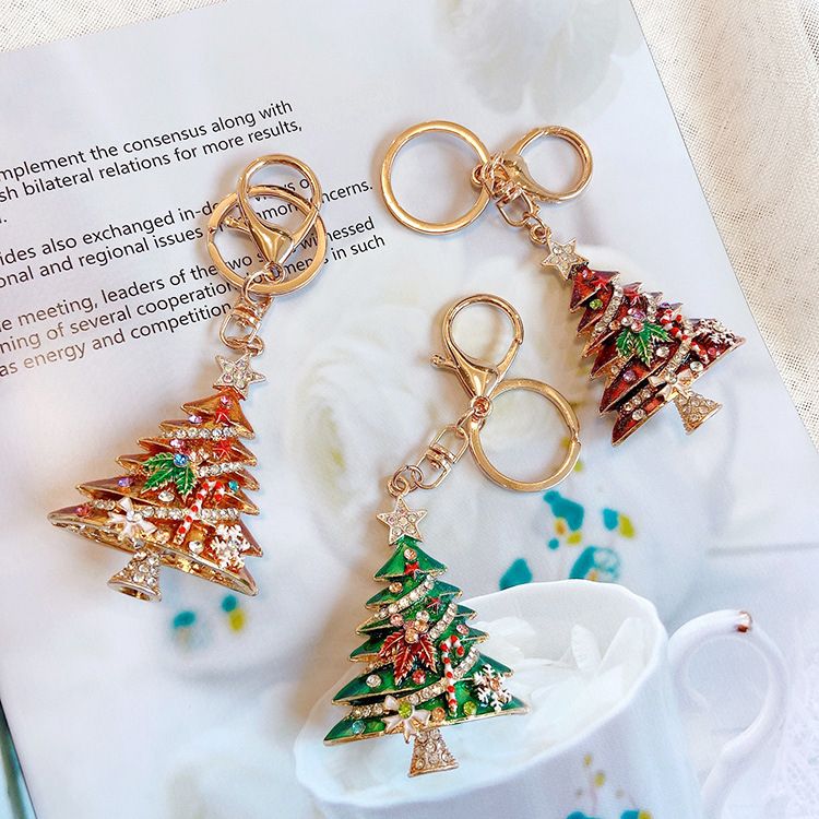 2 Pack Green Christmas Tree Keychain with Rhinestones - Alloy Bag Charm, Festive Car Key Ring, Holiday Gift Accessory