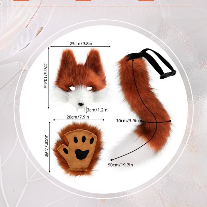 Grey Furry Animal Cosplay Half Suit Set - Fox Mask with Detachable Fangs, Faux Fur Paws and Wire Poseable Tail - Party Costume and Halloween Accessories