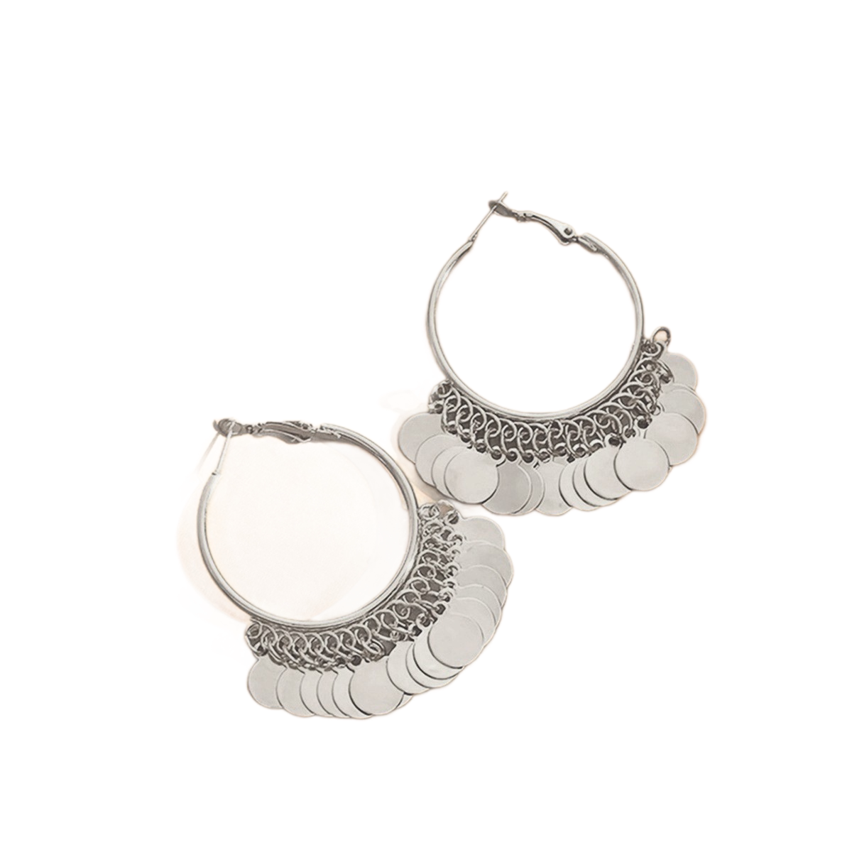 2 pairs Silver Coin Tassel Hoop Earrings - 6cm Statement Dangle Earrings with Layered Disc Charms, Lightweight Boho Fashion Jewelry for Women, Party and Daily Wear Accessory