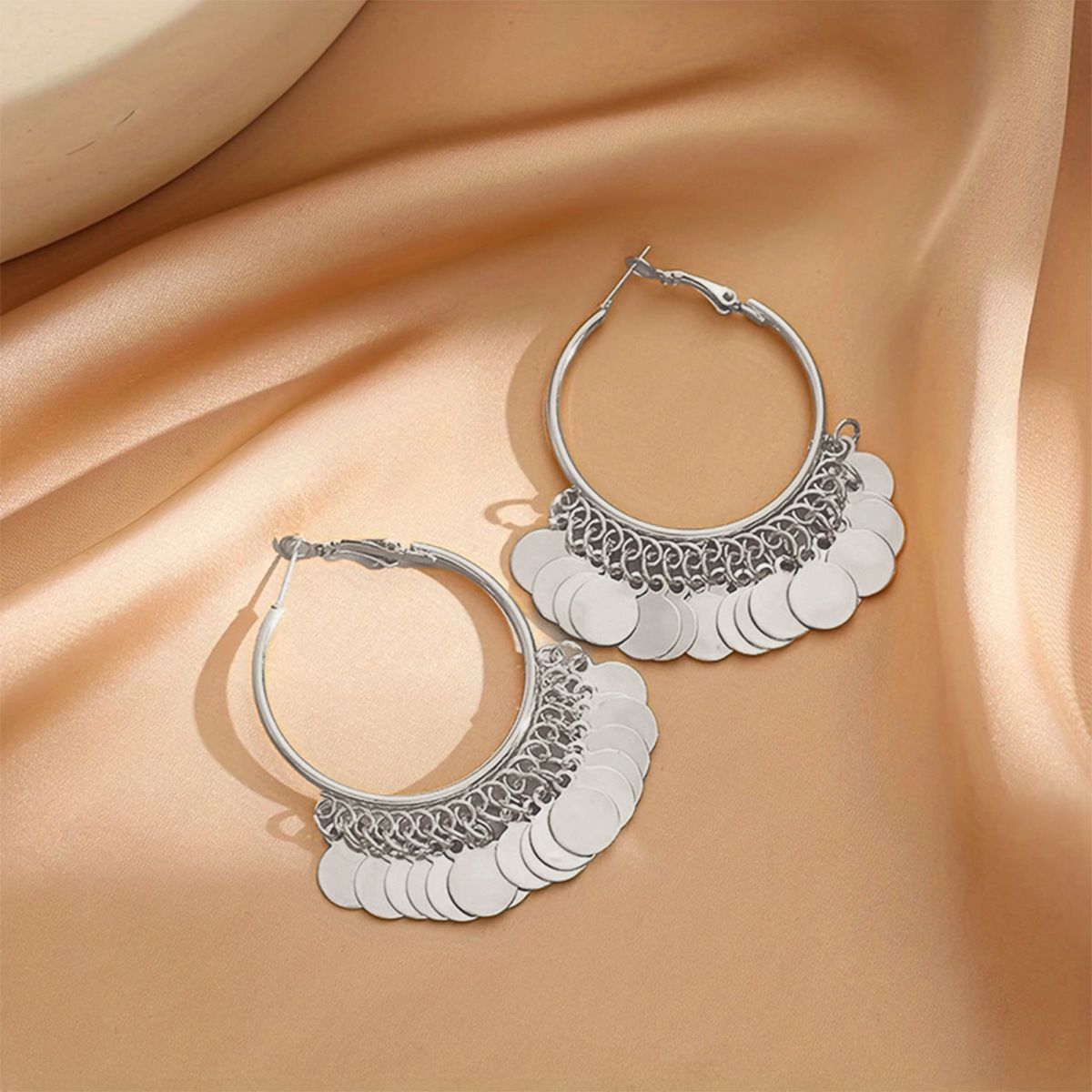 2 pairs Silver Coin Tassel Hoop Earrings - 6cm Statement Dangle Earrings with Layered Disc Charms, Lightweight Boho Fashion Jewelry for Women, Party and Daily Wear Accessory