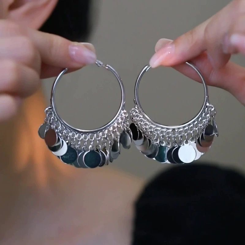 2 pairs Silver Coin Tassel Hoop Earrings - 6cm Statement Dangle Earrings with Layered Disc Charms, Lightweight Boho Fashion Jewelry for Women, Party and Daily Wear Accessory