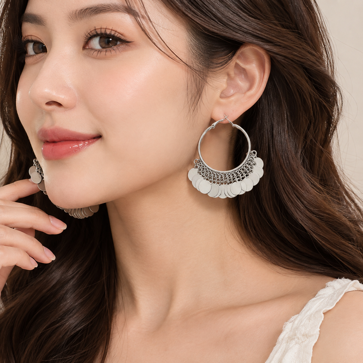 2 pairs Silver Coin Tassel Hoop Earrings - 6cm Statement Dangle Earrings with Layered Disc Charms, Lightweight Boho Fashion Jewelry for Women, Party and Daily Wear Accessory